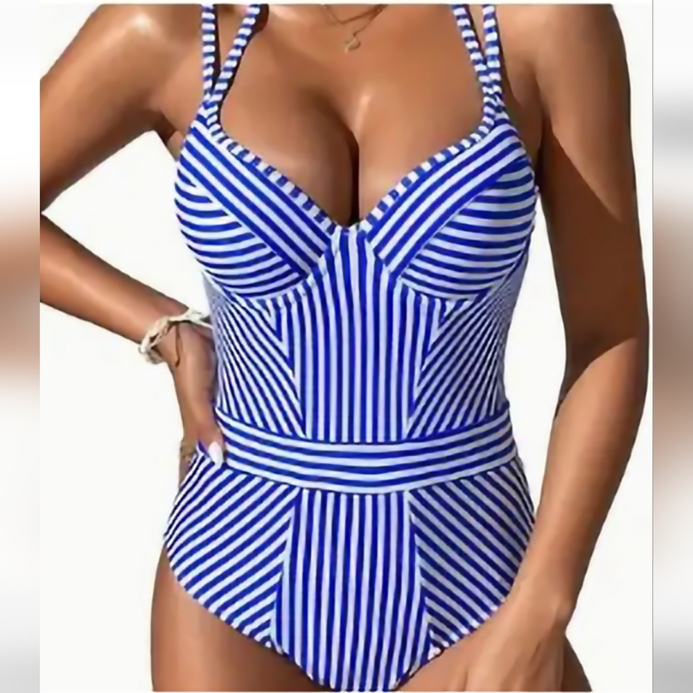 NEW Blue and White Striped One Piece Swimsuit - Picture 1 of 8